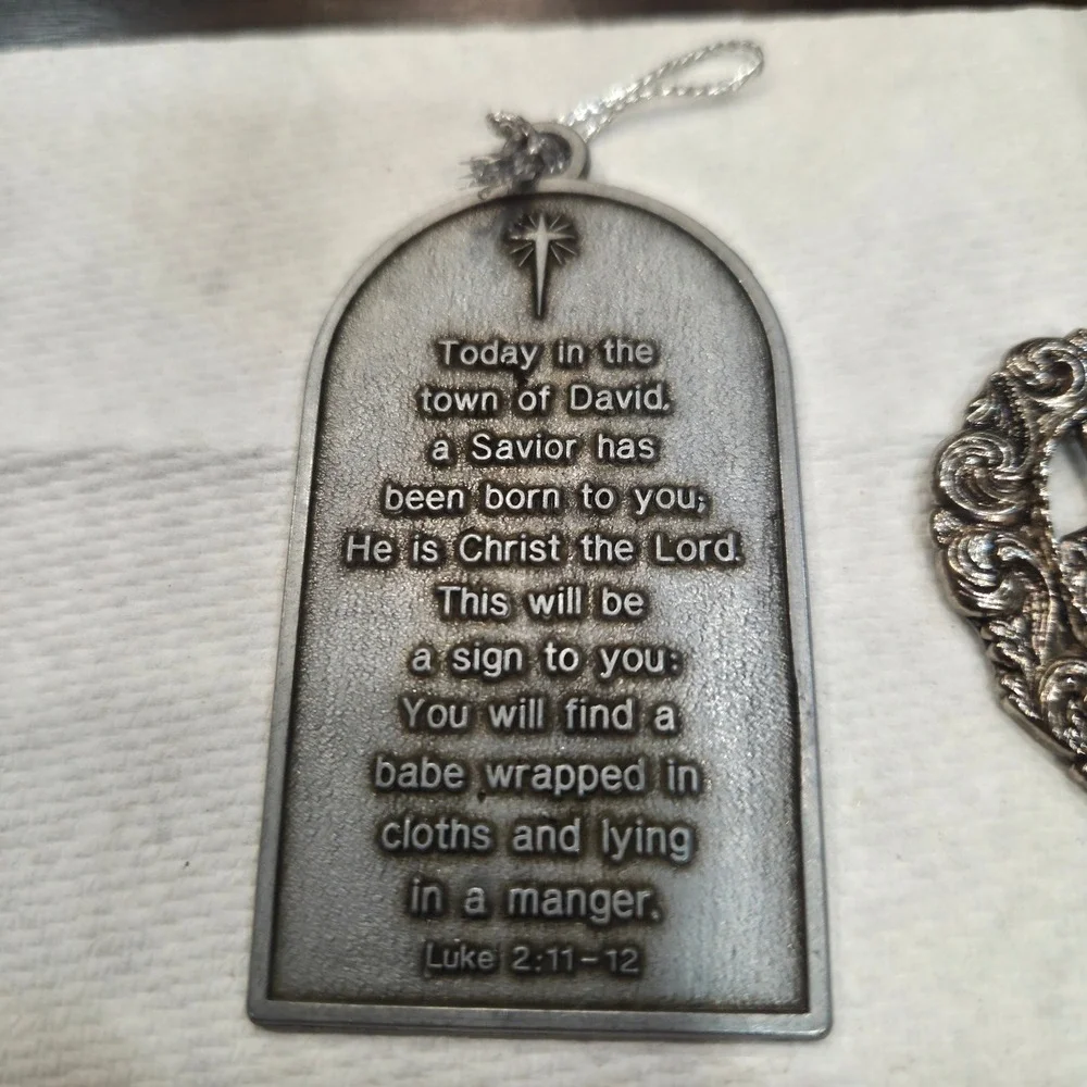 Religious Pewter Metal Christmas Ornaments Set Nativity Holy Family Jesus 3pc